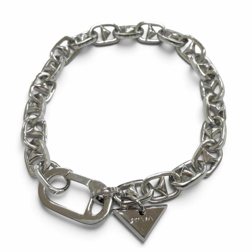 PRADA 2JB521 AG925 Triangle Charm Chain Bracelet, Silver, Size M, Made in Ita...